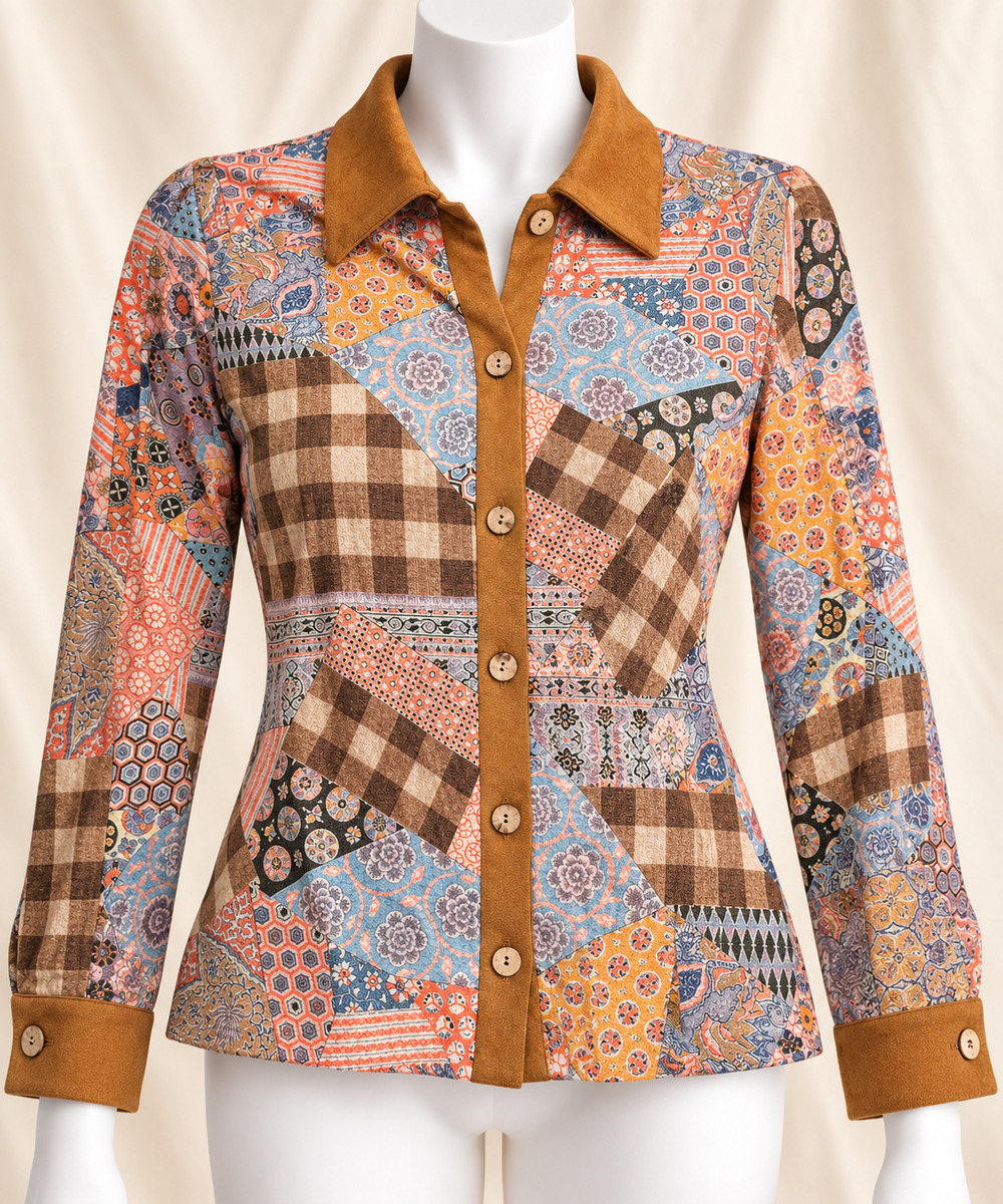 CIDER Size M Patchwork Button Up Top Eclectic Boho  Cottagecore Folk Cabincore